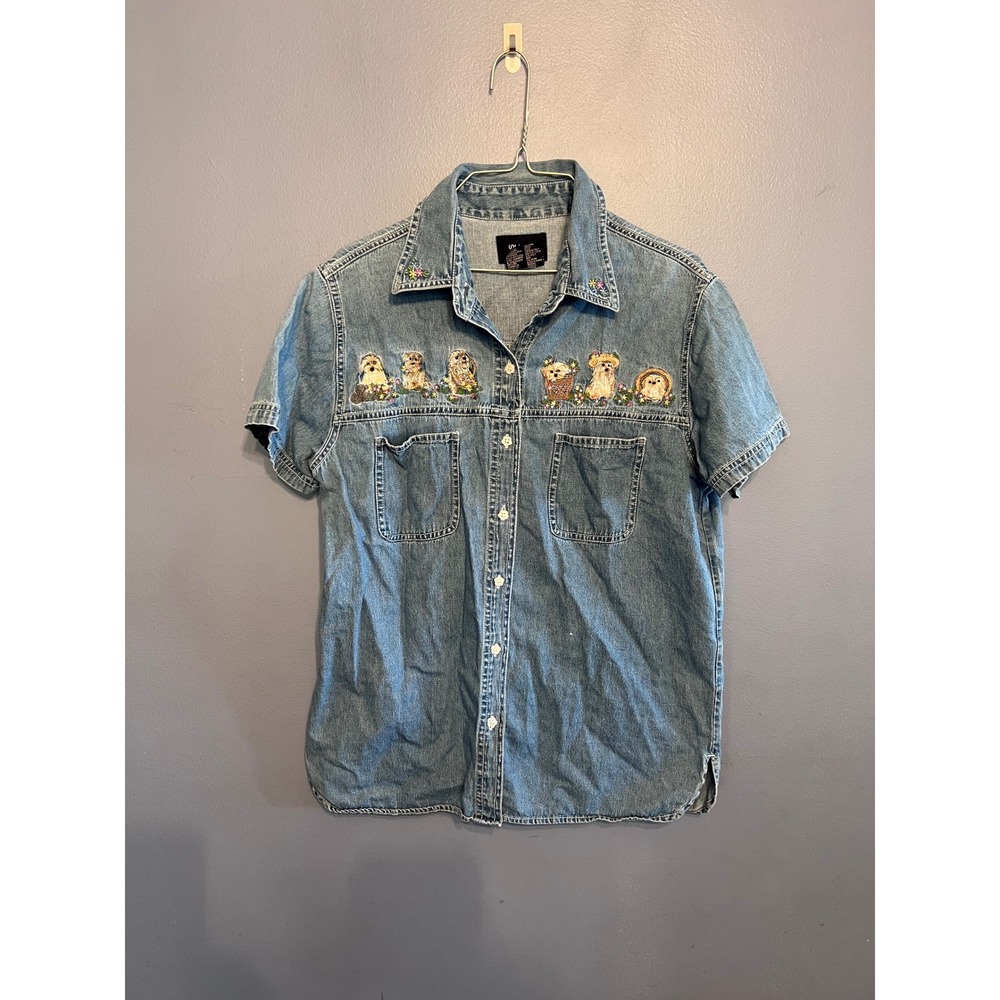 Vintage 90s Stone Washed Denim Women's‎ Button Down Embroidered Dogs Flowers MED